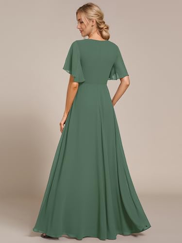 Image of Ever-Pretty Women's Spring Short Sleeve Bridesmaid Dresses V-Neck Chiffon Ruched Empire Waist Appliques Long Formal Dress