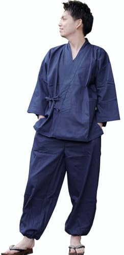 [遊楽庵] 作務衣 メンズ 綿100% 春と秋向き 中厚みのしっかり生地 竹節織り 上下セット 部屋着 (紺（やや厚地）, L)（Amazon）