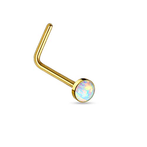 (Gold) - PiercedOff White Opal Set Flat Top PVD Over 316L Surgical Steel "L" bend Nose Stud Ring Cover