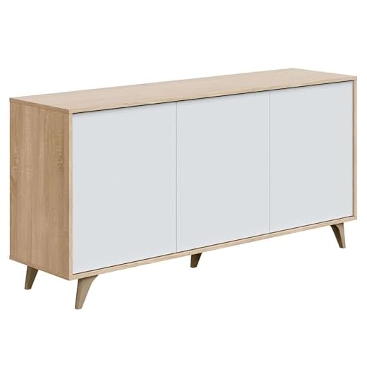 Habitdesign Aparador 3 Puertas, Bueffet para salón, Armario Auxiliar,  Modelo Kikua Plus, Acabado en Blanco Artik y Roble Canadian, Medidas: 154 cm (Ancho) x 75 cm (Alto) x 40 cm (Fondo)