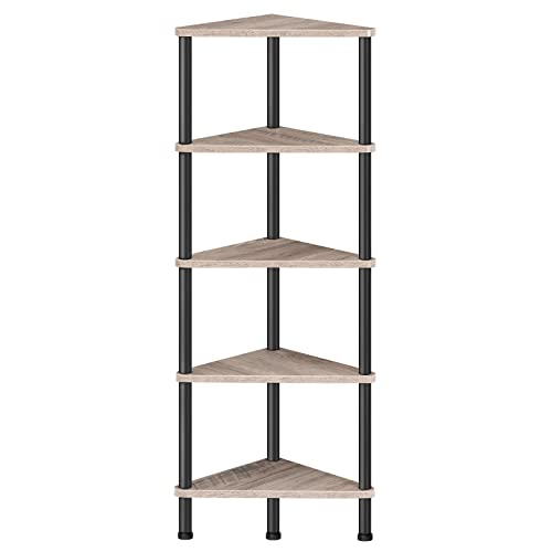 HOOBRO Corner Shelf Stand, Industrial 5-Tier Corner Bookshelf with Metal Frame, Corner Shelf Stand Display Plant Flower, Corner Bookcase for Small Spaces, Living Room, Greige and Black BG33C