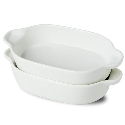 UIBFCWN Juego de 2 Bandejas Rectangulares de Cerámica para Hornear, 650ml Plato Hornear Ceramica con Asas, Molde Rectangular, para Lasañas, Pasteles, Tapas y Más, Blanco