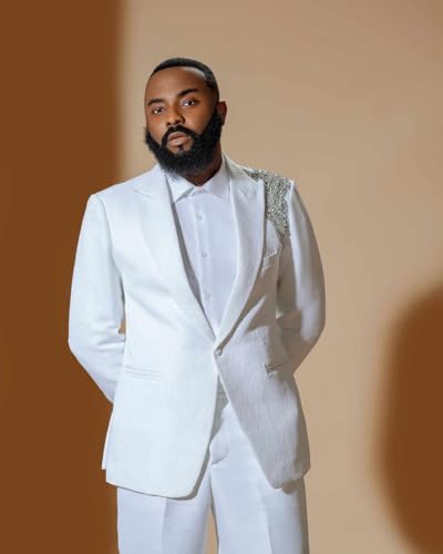 Men's Luxury White Two-Piece Wedding Suit with Crystal Embellished Shoulder, Peak Lapel, Formal Evening Tuxedo4