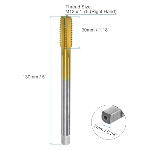 QUARKZMAN Metrisches Gewindebohrer M12 x 1.75 H2 130mm Extra lang, Titanbeschichtet, Hochgeschwindigkeitsstahl 6542, Gerade Nut, Gewindeschneidemaschine, Gewindeschneiden, Reparaturwerkzeug