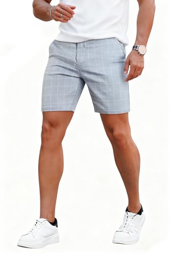 Image of GINGTTO Mens Slim Fit Shorts Plaid Chino Short Tapered Leg Skinny Stretch
