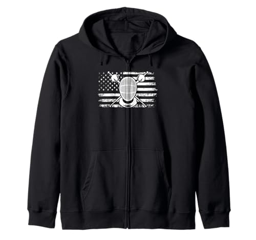 Fencing USA Flag Fencer Mask Patriotic 4th of July Fencing Zip Hoodie
