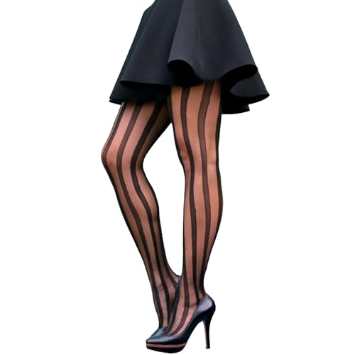 Millennials In Motion Pinstripe Vertical Striped Sheer Pantyhose Slimming Designer Tuxedo Line Shaping Shapewear Tights Vintage Retro Illusion Jester Clown Patterned Y2K Cosplay Stockings