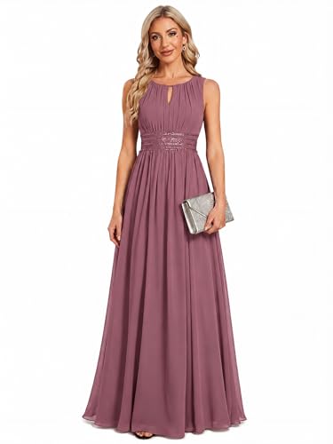 Image of Ever-Pretty Women's Chiffon Sleeveles Summer Formal Wedding Guest Dresses Ruched A Line Hollow Out Crew Neck Bridesmaid Dress