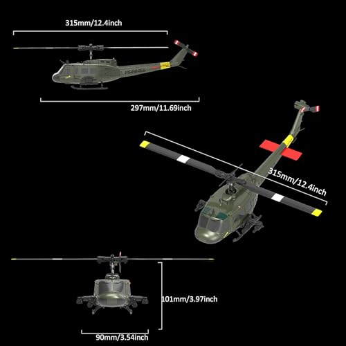 Image of RC ERA C032 UH-1 Huey Helicopter - Remote Control Helicopters for Adult, 1 /48 Sacle 2.4G 6CH Gyro Stabilized Aircraft with Altitude Hold & Optical Flow,3D Stunt Drone (Yellow)