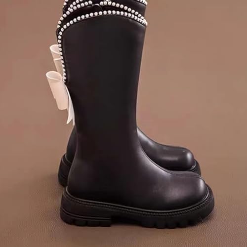 Girls Cowboy Boots Leather Round Toe Side Zipper Mid Calf Booties Bow Knot Riding Winter Tall Boots3