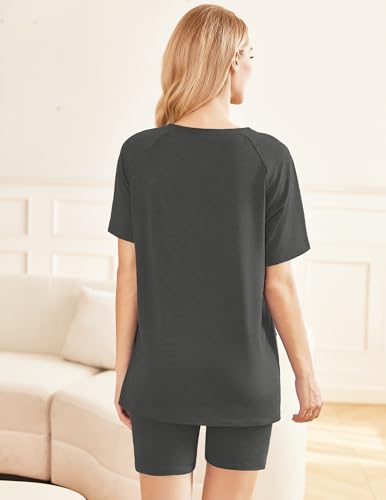 Image of Ekouaer Two Piece Sets for Women Summer Outfits 2026 Lounge Set Crew Neck Tshirts Biker Short Sweatsuit with Pocket