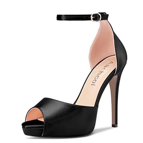 Aachcol Women Platform Sandals Peep Open Toe Ankle Strap Stiletto High Heel Dress Shoes Pumps Wedding Satin 5 Inch