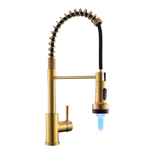 Gold led GIMILI Kitchen Faucet with Pull Down Sprayer High Arc Single Handle Spring Kitchen Sink FaucetCommercial Modern rv Stainless Steel Kitchen Faucets, Grifos De Cocina