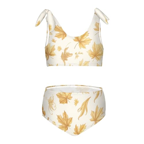 KLL Vintage Golden Glitter Maple Leaves Girls 2 Pieces Bikini Set Quick-Dry Swimsuits Swimming Suits Cute Shoulder Strap