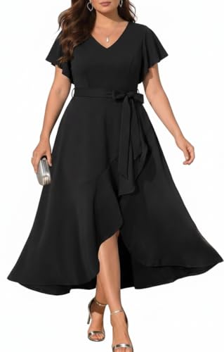 Image of Women Plus Size Wedding Guest Dress - Formal Cocktail Split Ruffle V Neck High Low Party Long Maxi Dresses