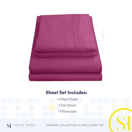 Image of Twin Sheets - Breathable Luxury Sheets with Full Elastic & Secure Corner Straps Built In - 1800 Supreme Collection Extra Soft Deep Pocket Bedding Set, Sheet Set, Twin, Berry