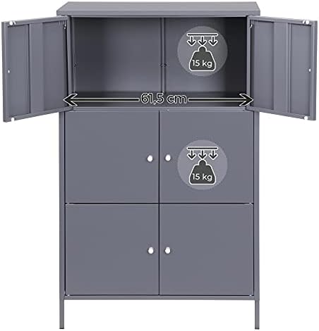 SONGMICS Szafka do przechowywania, 3-poziomowa, metalowa szafka biurowa, wielofunkcyjny organizer do przechowywania, stojak z 6 drzwiami, 65 x 36 x 105 cm, maks. nośność 15 kg na półkę, szara OMC06GB