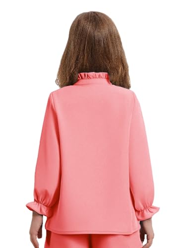 Kids Girls Solid Color Ruffle Trim Blouses Long Puff Sleeve Cuff Shirts Button Down Pullover Tops for 5-14 Years2