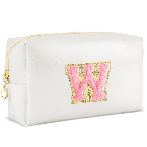 URSKYTOUS Bolsa de maquillaje con inicial personalizada, pequeña bolsa de cosméticos de viaje, bonita bolsa de maquillaje de felpilla blanca de poliuretano para bolso, organizador de artículos de