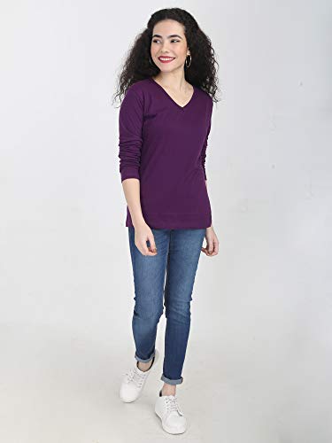 Image of FLEXIMAA Women's Cotton Plain V Neck Full Sleeve T-Shirt
