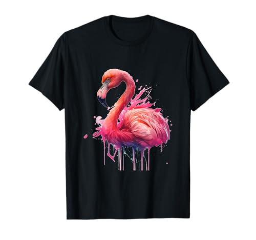 Flamingo Aquarell Splash tropft Hübsche Tiermalerei Vogel T-Shirt