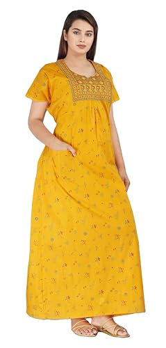Image of DIAMO Pure Cotton Embroidery Nighty for Women, Cotton Night Gown, Night Maxi Gown, Cotton Nighty with a Pocket and Adjustable Knot