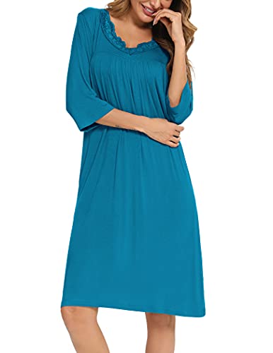Yya Lace Sleepwear Women's V Neck Nightshirt 3/4 Sleeve Soft Pleated Nightgown Plus Size Steelblue #TOP3