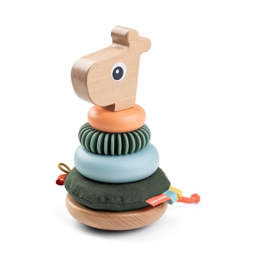 Image of Done by Deer Raffi Stacking Tower - Colorful Wooden Ring Stacker Toy with Different Shapes and Textures for Sensory Stimulation and Motor Skill Development - Tilt Function and Pull Tail for Added Fun