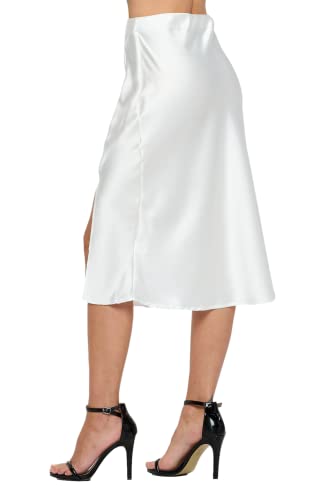 RENEEC. Women Solid Satin High Waist Elastic A Lined Slit Midi Skirt - Made in USA3