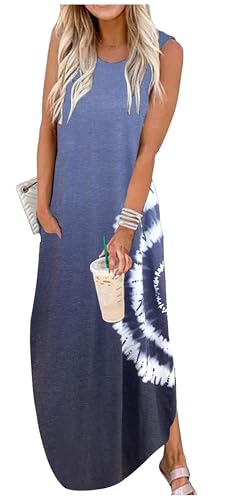 Cuptacc Sommerkleid Damen Lang Rundhals Ärmellos Tie Dye Kleid Leinenkleid mit Taschen Tie-Dye Blau Lila,XL 46