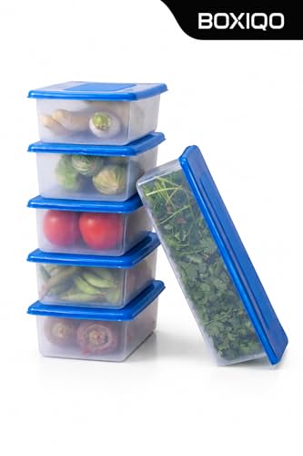 Image of Fridge Storage Containers Set of 6 (1500 ML Each), Stackable Fridge Organizer Boxes with Blue Lids, Food Storage for Fruits, Vegetables, Kitchen & Refrigerator Use