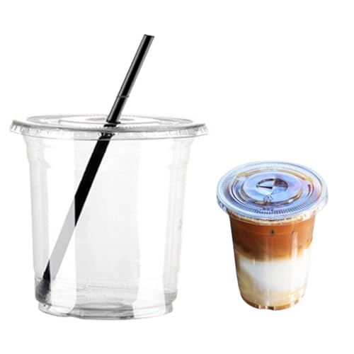 Jshigogo プラコップ コーヒーカップ 蓋付きプラスチックコップ 使い捨て クリアカップ アイスコーヒーカップ ストローカップ 使い捨てドリンクカップ 透明カップ 耐久性 漏れ防止紙付き ストロー付き 飲み物 売店 カフェ 家庭用 (520ml,50