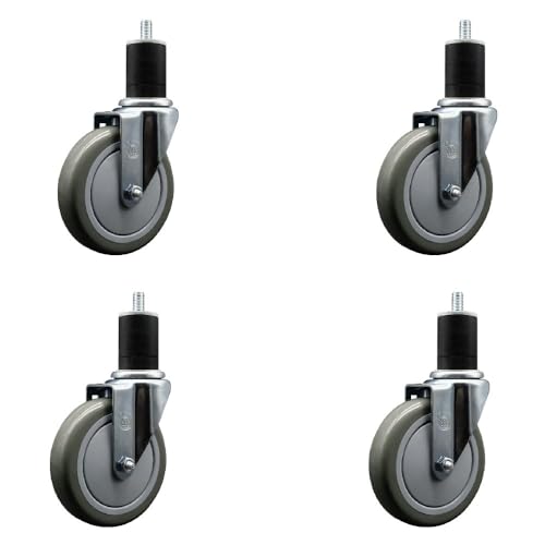 Stainless Steel Polyurethane Swivel Expanding Stem Caster Set of 4 with 5 Inch Gray Wheels and 1-3/4