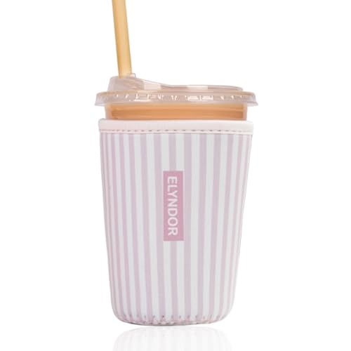 Image of Reusable Insulated Sleeve for Iced Coffee Cup, Coffee Neoprene Sleeve for Cold & Hot Drinks, Beverage Holder for Iced Coffee (Pink Stripes, Small: 16-18oz)