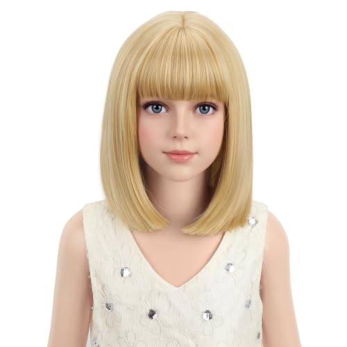 PATTNIUM Kids Blonde Bob Wig Child Short Straight Mixed Blonde Wig for Girls Cosplay Party Synthetic Rose Net Daily Wear Wigs