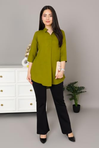 Image of Mlada Rayon Flare Top for Women | 3 /4th Sleeve Regular Fit and Flare Top | Women Office Tops Tunic | Western Long Shirt Top for Women | Shirt Collar Top for Women | Rayon Tunic Tops for Women Western