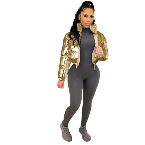 Manteau court d'hiver chaud en duvet brillant avec fermeture éclair fluide
