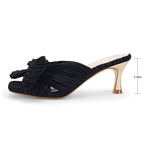 Image of Coutgo Womens Bow Heeled Sandals Pleated Bowknot Heels Open Square Toe Cute Kitten Heel Mules Slip On Wedding Dress Shoes