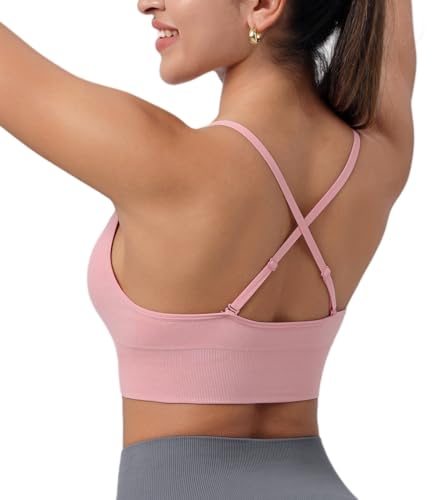 Image of Deep V-Neck Adjustable Women's Sports Bra | Wireless Longline Strappy Criss Cross Padded Spaghetti Straps Light Impact Workout Yoga Crop Top