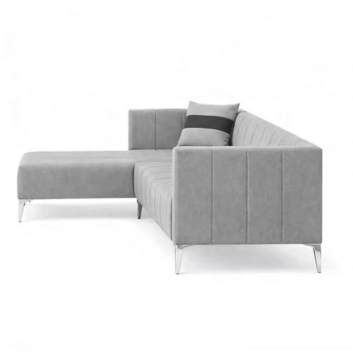 Image of Solomon Luxe Velvet-Suede Fabric 5 Seater LHS L Shape Sofa | Comfortable & Spacious Seating | Modern Sofa for Living Room - Light Gray