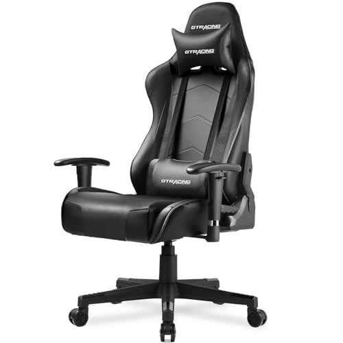 GTRACING Gaming Chair with Reclining Backrest, Adjustable Height and Swivel Base, Ergonomic Computer Chair with Headrest and Lumbar Support (Black)
