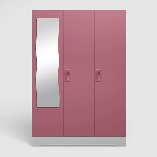 Image of Interio by Godrej Almirah Slimline 3-Door Steel Almirah, Cupboard for Clothes (Royal Ivory and Dusty Rose), 1-Year Warranty, 7 Shelves, 1 Locker, Curvilinear Mirror