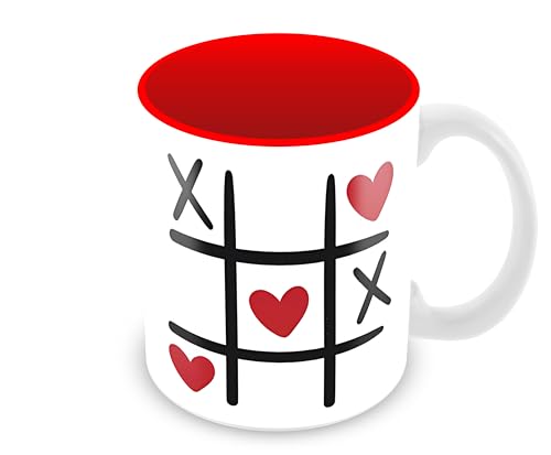 Love Always Wins Tic Tac Toe Valentines Day Gift for Friends/Husband/Wife/Boyfriend/Girlfriend/Mom/Dad & Your Loved Ones Printed On Inside Red Ceramic Coffee Mug & Tea Cup (350ml, 11oz)