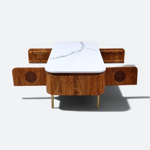 Image of Solid Wood Mandala Coffee Table with Sintered Stone Top for Living Room | Dark Teak Finish Lacquered | 115 cm (W) x 60 cm (D) x 45 cm (H)