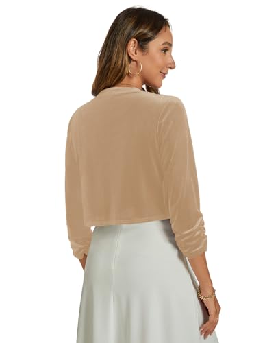 Image of Womens Velvet Bolero Shrug Elegant Open Front Ruched 3 /4 Sleeve Cocktail Party Cropped Cardigan