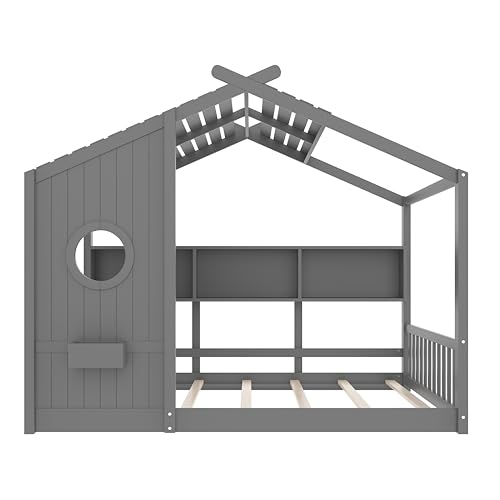Image of Full Size Floor House Bed with Roof and Window for Kids, Wooden Playhouse Bed with Storage Shelves for Bedroom Furniture Girls & Boys (Gray /L1, Full)