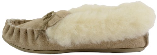 Dames Beige/Camel Suede Mocassin Slippers met wollen voering, wollen manchet en rubberen zool - Image 6