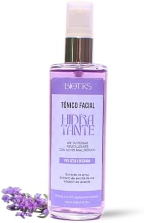 Tónico facial hidratante antiarrugas, piel seca/sensible con agua de rosas, ácido hialurónico y lavanda, refirma, hidrata, previene envejecimiento prematuro