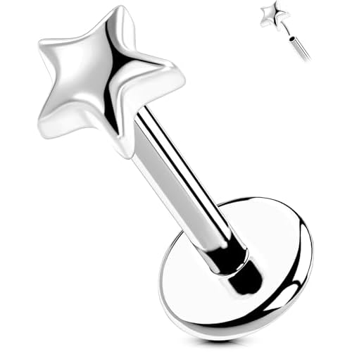 OUFER G23 Titanium Threadless Labret Studs – Flat Back Push Pin Earrings for Tragus, Helix, Monroe, Conch, Lip Piercing – 16G/18G, 6MM/8MM Silver-5Star 18g 6mm