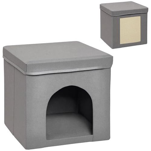 PawHut Casa para Gatos con Tablero de Rascar y Puerta para Interior   Cama Casita 36,5x36,5x36,5 cm Gris